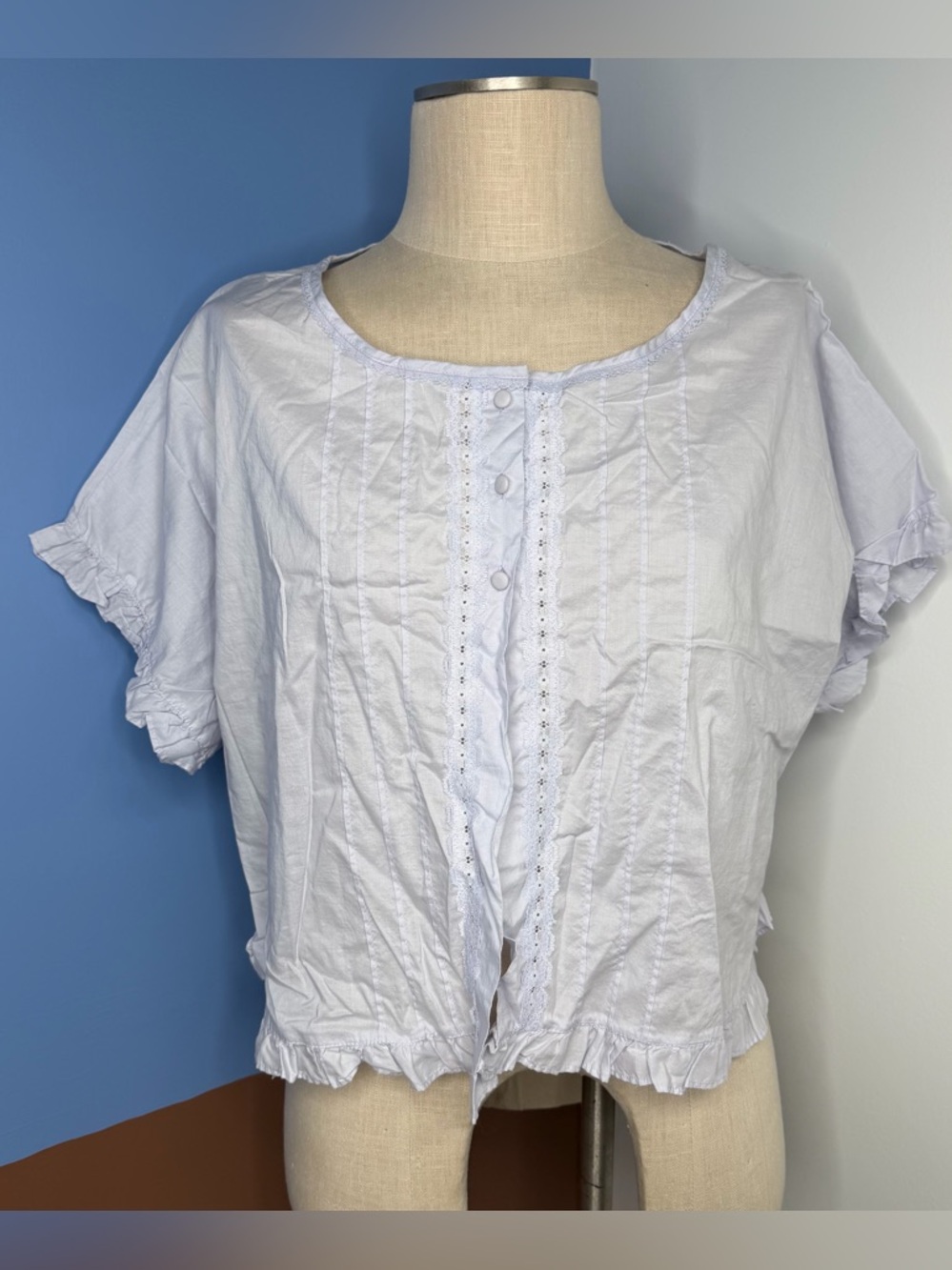 Barbizon 100% Cotton Light Blue Cropped Button Front Ruffle Top Size Large‎